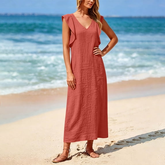 ClodeEU Women's V Neck Ruffle Cap Sleeve Textured Maxi Dress,Casual Loose Beach Vacation Dress Red,Women's Plus XXL
