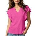 thumbnail image 1 of ClodeEU Women's V Neck Ruffle Flutter Short Sleeve Blouse,Solid Loose Casual Summer Top Hot Pink,Women's Plus M, 1 of 5