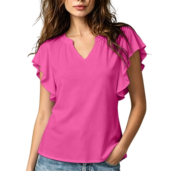 ClodeEU Women's V Neck Ruffle Flutter Short Sleeve Blouse,Solid Loose Casual Summer Top Hot Pink,Women's Plus M