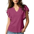 thumbnail image 1 of ClodeEU Women's V Neck Ruffle Flutter Short Sleeve Blouse,Solid Loose Casual Summer Top Red,Women's Plus XXL, 1 of 5
