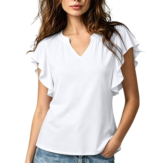 ClodeEU Women's V Neck Ruffle Flutter Short Sleeve Blouse,Solid Loose Casual Summer Top White,Women's Plus XXL
