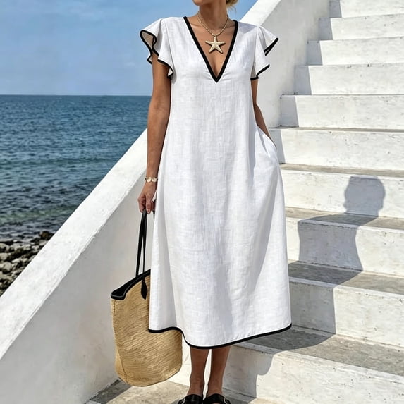 ClodeEU Women's V Neck Ruffle Sleeve Midi Dress,Casual A Line Loose Sundress with Pockets White,Women's Plus XL