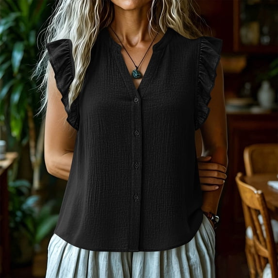 ClodeEU Women's V Neck Ruffle Sleeveless Blouse,Casual Button Down Tank Top Black,Women's Plus XL