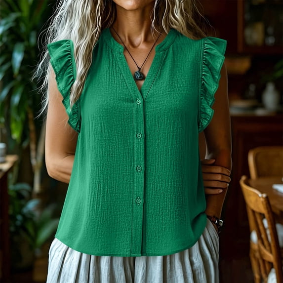 ClodeEU Women's V Neck Ruffle Sleeveless Blouse,Casual Button Down Tank Top Green,Women's Plus L