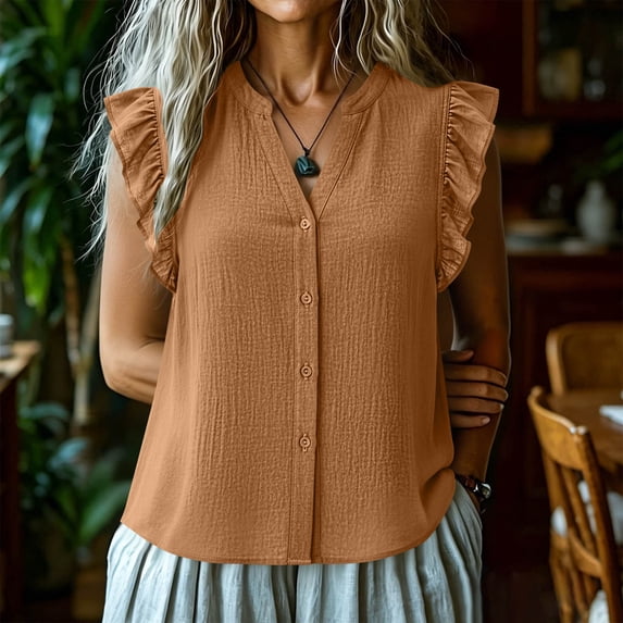 ClodeEU Women's V Neck Ruffle Sleeveless Blouse,Casual Button Down Tank Top Khaki,Women's Plus XL