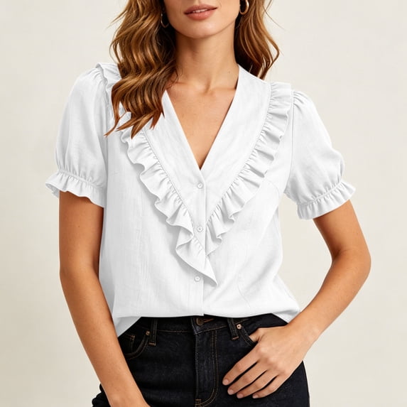 ClodeEU Women's V Neck Ruffle Trim Short Sleeve Button Down Blouses,Casual Lightweight Shirts for Summer ,Women's Plus XL