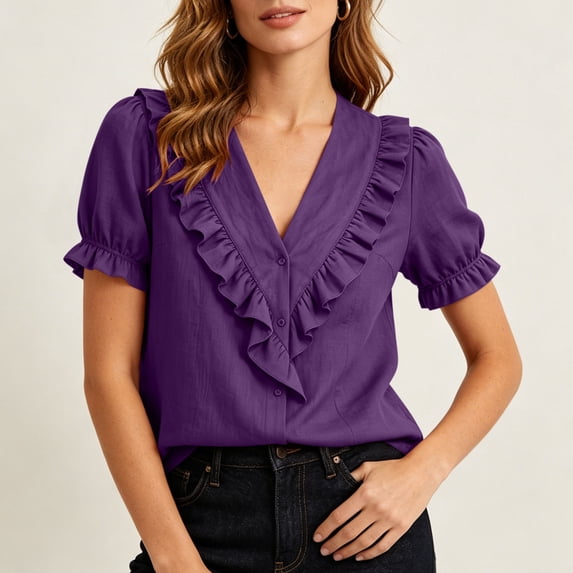ClodeEU Women's V Neck Ruffle Trim Short Sleeve Button Down Blouses,Casual Lightweight Shirts for Summer ,Women's Plus XXL