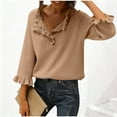 thumbnail image 1 of ClodeEU Women's V Neck Ruffle Trim Three Quarter Sleeve Sweater ,Casual Pullover Knit Sweater Top Khaki,Womens Plus XXXXL, 1 of 7