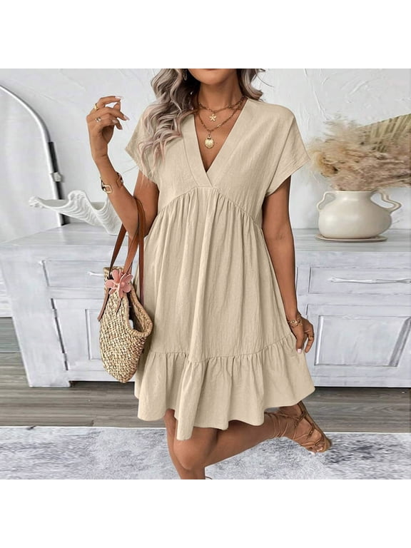U Women's V Neck Ruffled Short Sleeve Babydoll Dress,Casual Flowy Tiered Mini Dress Beige,Women's Plus L