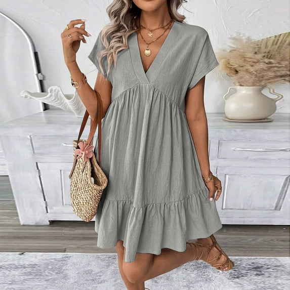 ClodeEU Women's V Neck Ruffled Short Sleeve Babydoll Dress,Casual Flowy Tiered Mini Dress Gray,Women's Plus L