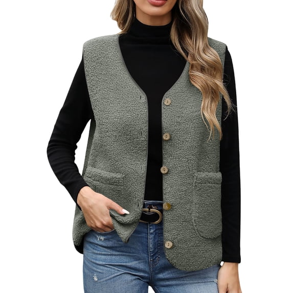 ClodeEU Women's V Neck Sherpa Vest ,Fleece Soft Vest,Loose Fit Button Down Sleeveless Outerwear With Pockets ,Women's Plus XL