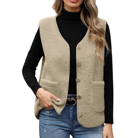 ClodeEU Women's V Neck Sherpa Vest ,Fleece Soft Vest,Loose Fit Button Down Sleeveless Outerwear With Pockets ,Women's Plus XXL