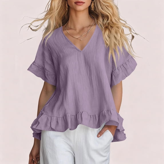 ClodeEU Women's V Neck Short Sleeve Blouse with Ruffle Hem, Casual Loose Fit Flowy Top Purple,Women's Plus L