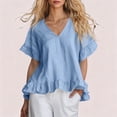 thumbnail image 1 of ClodeEU Women's V Neck Short Sleeve Blouse with Ruffle Hem, Casual Loose Fit Flowy Top Sky Blue,Women's Plus L, 1 of 6