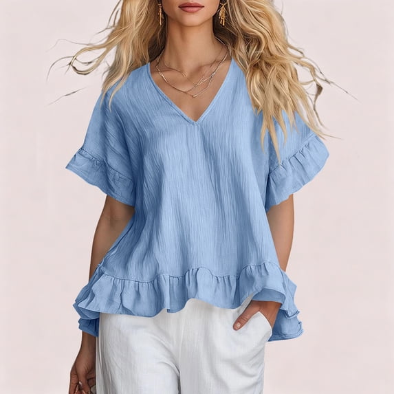 ClodeEU Women's V Neck Short Sleeve Blouse with Ruffle Hem, Casual Loose Fit Flowy Top Sky Blue,Women's Plus L