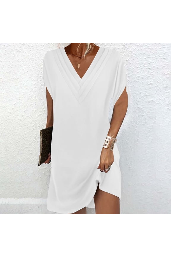 U Women's V Neck Short Sleeve Dolman Sleeve Dress with Pleated, Solid Color Casual Midi Dress White,Womens Plus M