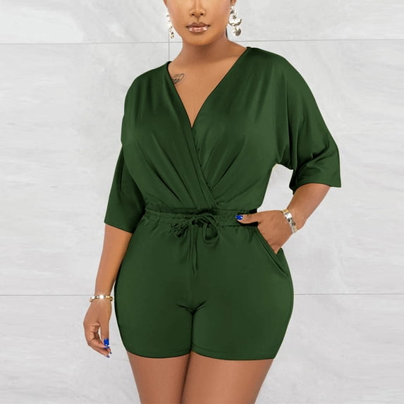 ClodeEU Women's V Neck Short Sleeve Drawstring Waist Loose Fit Romper ,Casual Summer Jumpsuit Shorts Army Green,Womens Plus XL