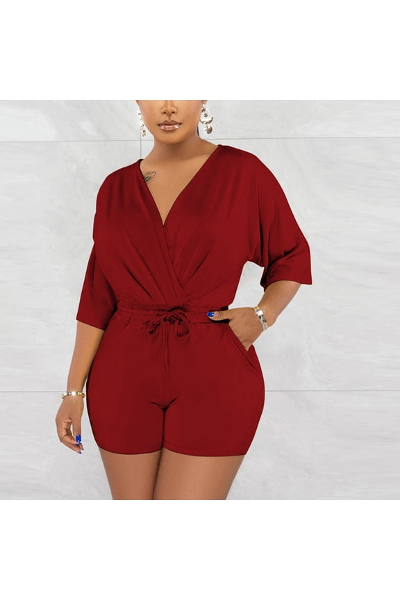 Women's V Neck Short Sleeve Drawstring Waist Loose Fit Romper ,Casual Summer Jumpsuit Shorts Red,Womens Plus S