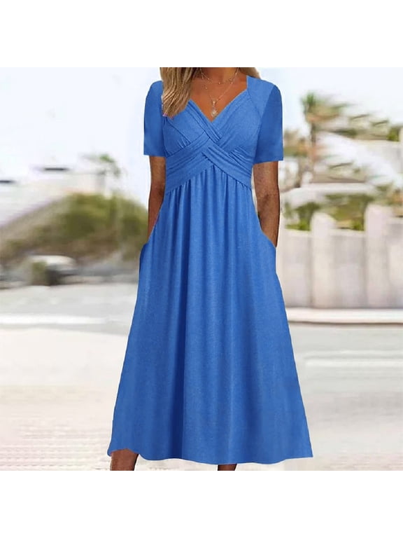 U Women's V Neck Short Sleeve High Waist A Line Midi Dress ,Summer Casual Loose Fit Dress Blue,Womens Plus XXL