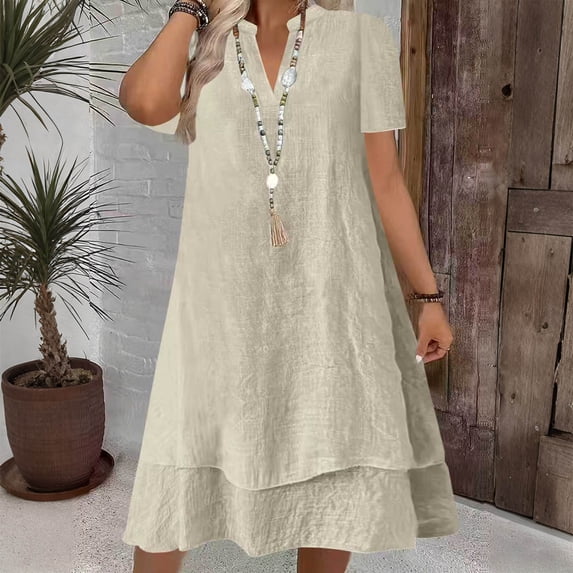 ClodeEU Women's V Neck Short Sleeve Linen Blend Swing Dress,Casual Loose Tunic Midi Dress White,Women's Plus XL