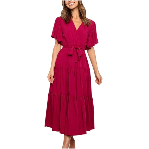 ClodeEU Women's V Neck Short Sleeve Maxi Dress with Belt and Flared Hem ,Solid Color Casual Loose Fit Beach Dress Purple,Womens Plus XXL