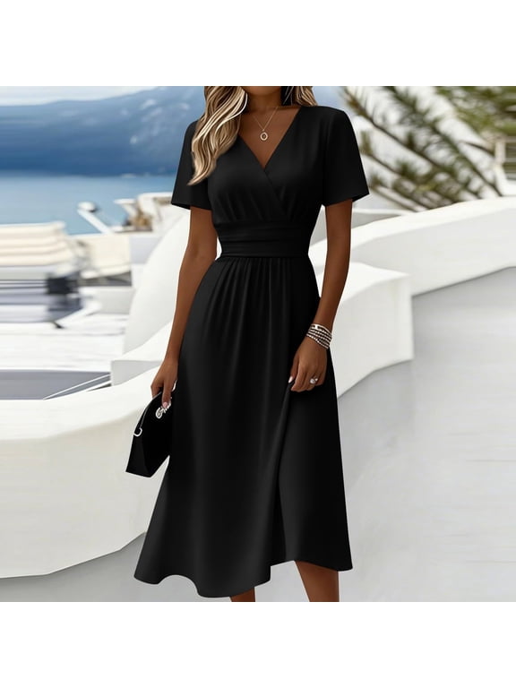 Women's V Neck Short Sleeve Midi Dress,Casual High Waist A Line Flowy Dress Black,Women's Plus M