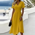 thumbnail image 1 of ClodeEU Women's V Neck Short Sleeve Midi Dress,Casual High Waist A Line Flowy Dress Yellow,Women's Plus XXL, 1 of 7