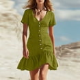 thumbnail image 1 of ClodeEU Women's V Neck Short Sleeve Mini Dress,Button Front Ruffle Hem Bodycon Dress Army Green,Women's Plus XXL, 1 of 7