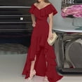 thumbnail image 1 of ClodeEU Women's V Neck Short Sleeve Off Shoulder Ruffle Hem Maxi Dress ,Solid Color Casual Long Dress Wine,Women's Plus XXXL, 1 of 6