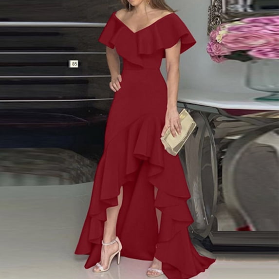 ClodeEU Women's V Neck Short Sleeve Off Shoulder Ruffle Hem Maxi Dress ,Solid Color Casual Long Dress Wine,Women's Plus XXXL
