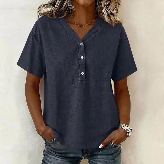 ClodeEU Women's V Neck Short Sleeve T-Shirt, Casual Loose Fit Solid Color Henley Top Navy,Women's Plus L