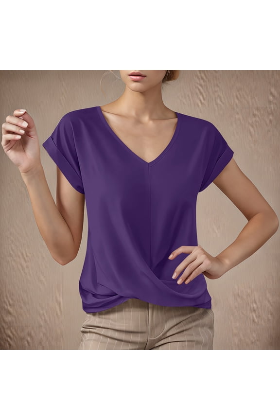 Women's V-Neck Short Sleeve T Shirts ,Casual Twist Knot Basic Trendy Tees Purple,Womens Plus L