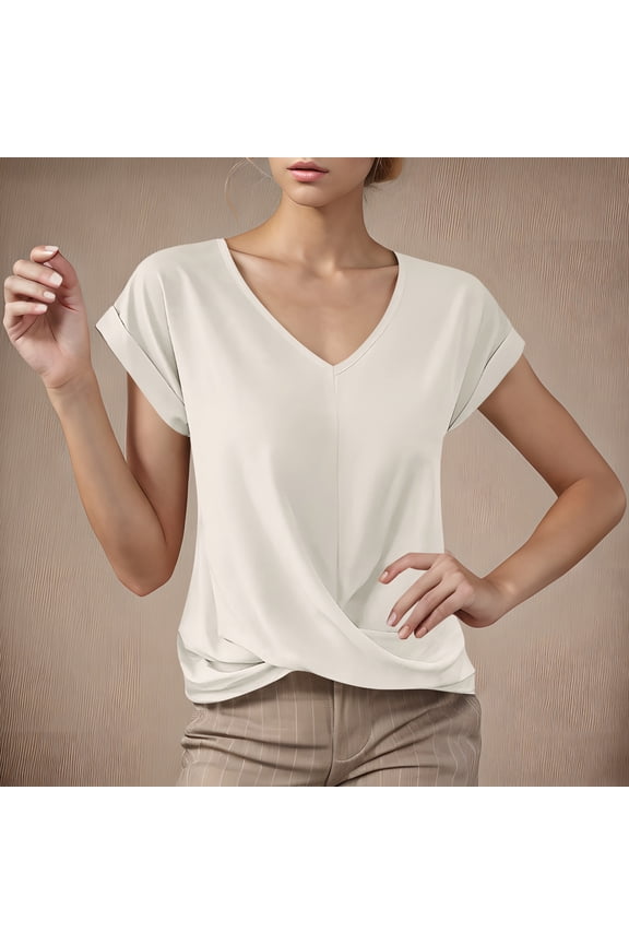 Women's V-Neck Short Sleeve T Shirts ,Casual Twist Knot Basic Trendy Tees White,Womens Plus M