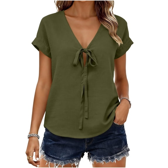 ClodeEU Women's V Neck Short Sleeve Tie Front Blouse,Casual Everyday Vacation Shirt Army Green,Women's Plus L