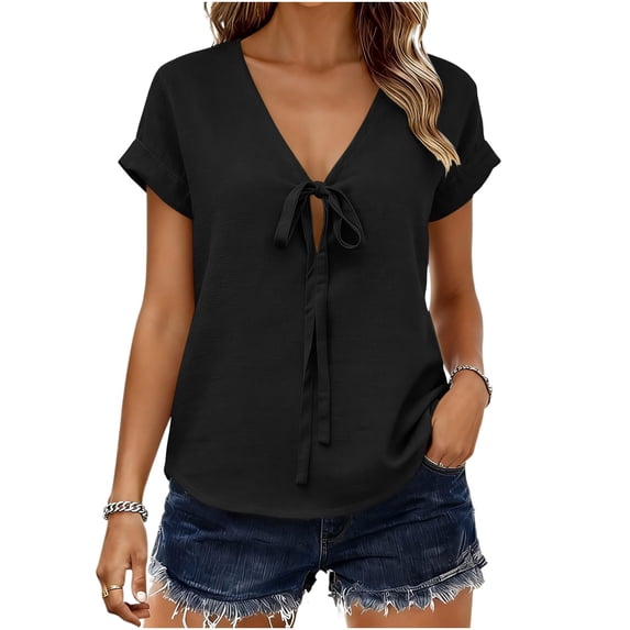 ClodeEU Women's V Neck Short Sleeve Tie Front Blouse,Casual Everyday Vacation Shirt Black,Women's Plus XL