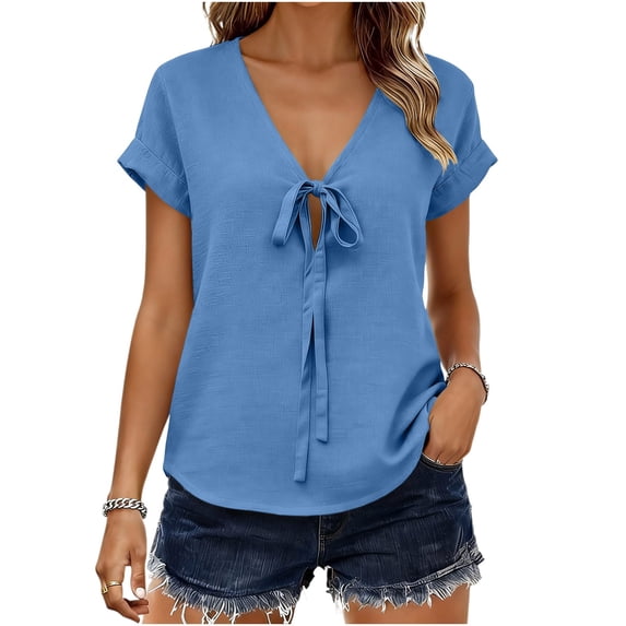 ClodeEU Women's V Neck Short Sleeve Tie Front Blouse,Casual Everyday Vacation Shirt Light Blue,Women's Plus XXL