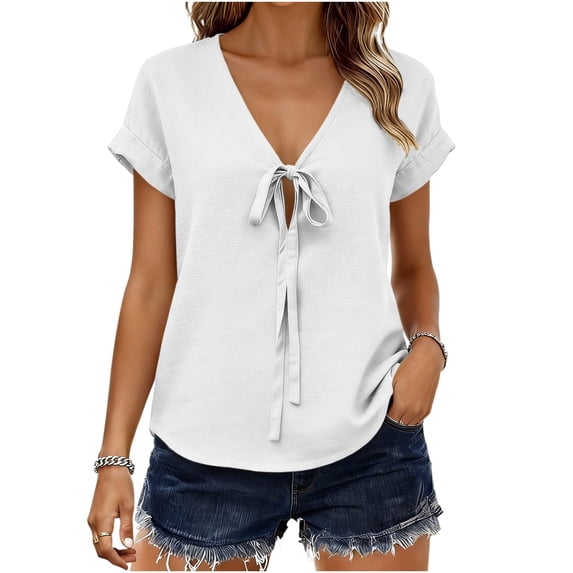 ClodeEU Women's V Neck Short Sleeve Tie Front Blouse,Casual Everyday Vacation Shirt White,Women's Plus M