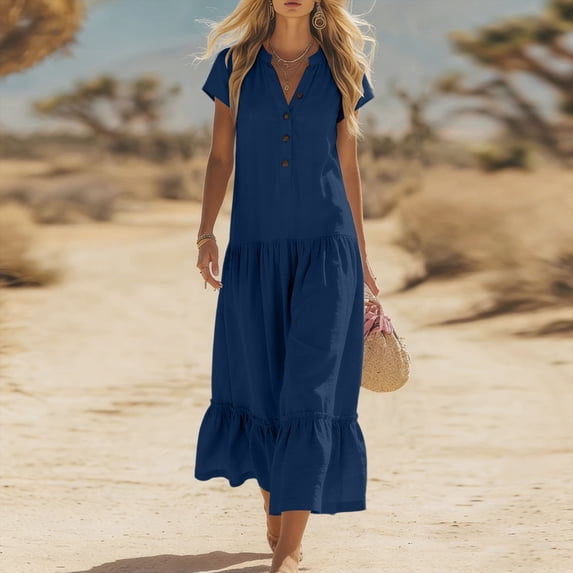 ClodeEU Women's V Neck Short Sleeve Tiered Midi Dress,Casual A Line Flowy Dress Navy,Women's Plus XXL