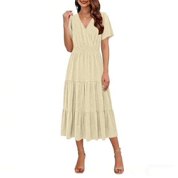 ClodeEU Women's V Neck Short Sleeve Tiered Midi Dress,Casual Flowy A-Line Sundress Beige,Women's Plus L