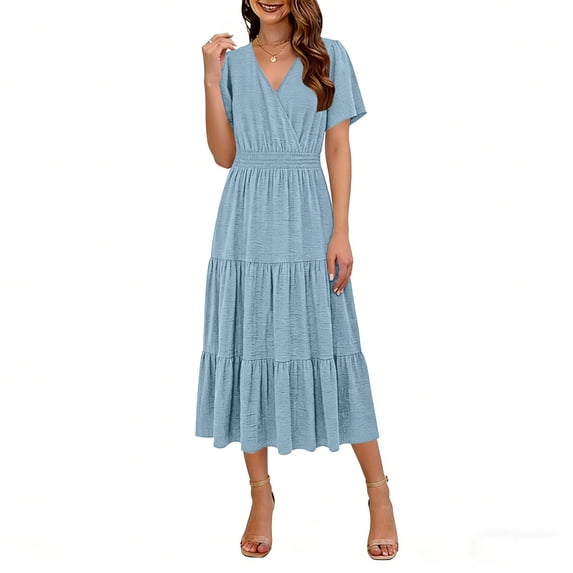 ClodeEU Women's V Neck Short Sleeve Tiered Midi Dress,Casual Flowy A-Line Sundress Light Blue,Women's Plus M