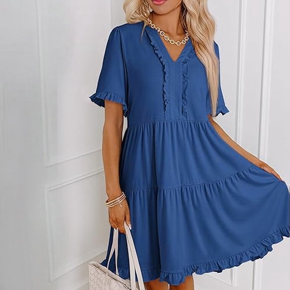 ClodeEU Women's V Neck Short Sleeve Tiered Swing Dress, Casual Loose Fit Summer Dress Blue,Women's Plus XXL