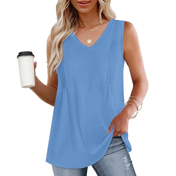 ClodeEU Women's V Neck Sleeveless Blouse, Loose Fit Flowy Casual Solid Color Tank Top Blue,Womens Plus L