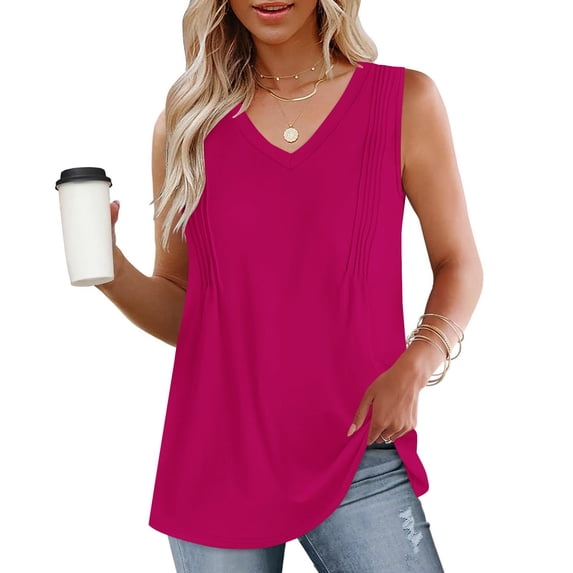 ClodeEU Women's V Neck Sleeveless Blouse, Loose Fit Flowy Casual Solid Color Tank Top Hot Pink,Womens Plus XL