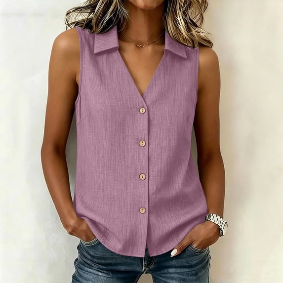 ClodeEU Women's V Neck Sleeveless Button Down Blouse,Casual Trendy Solid Color Tank Top Pink,Women's Plus XXL