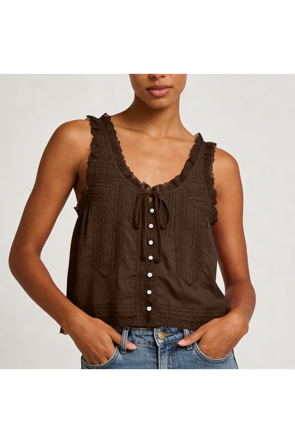 Women's V-Neck Sleeveless Button Down Tank Top, Casual Ruffled Strap Blouse Brown,Women's Plus L