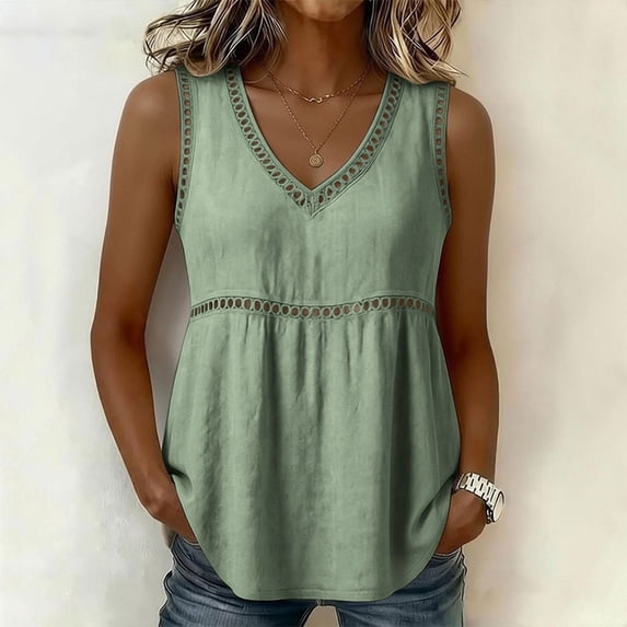 ClodeEU Women's V Neck Sleeveless Cutout Peplum Tank Top,Solid Color Casual Tunic Blouse Army Green,Women's Plus L