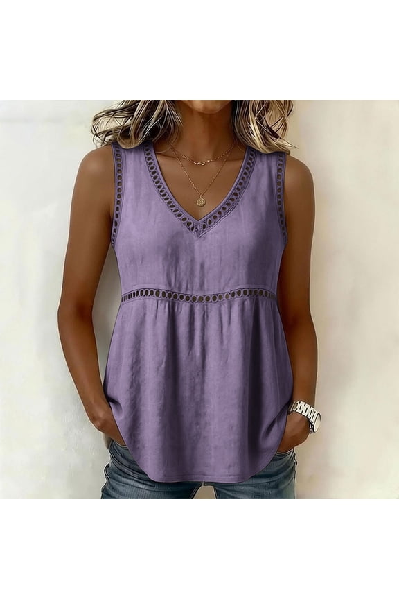 Women's V Neck Sleeveless Cutout Peplum Tank Top,Solid Color Casual Tunic Blouse Purple,Women's Plus L