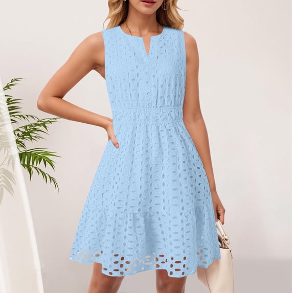 ClodeEU Women's V Neck Sleeveless Eyelet Cutout High Waisted A Line Mini Dress ,Casual Summer Dress Light Blue,Womens Plus XXL