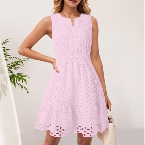 ClodeEU Women's V Neck Sleeveless Eyelet Cutout High Waisted A Line Mini Dress ,Casual Summer Dress Pink,Womens Plus XXL
