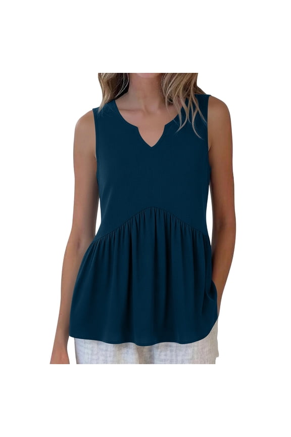 Women's V Neck Sleeveless Flowy Peplum Blouse ,Casual Solid Color Tank Top Navy,Womens Plus S